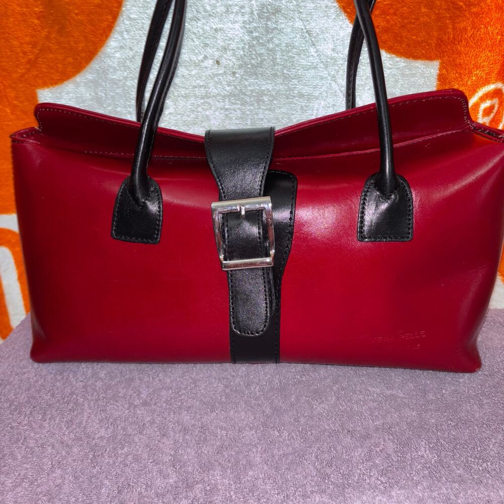 Vera Pelle Italian Leather Handbag – Red & Black Structured Satchel - Picture 2 of 12